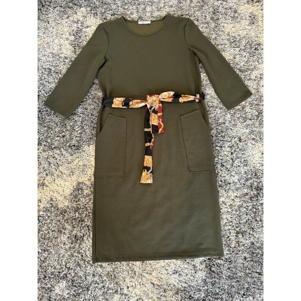 Zara Olive Green Midi Dress with Satin Scarf Belt - Size S - Picture 15 of 16